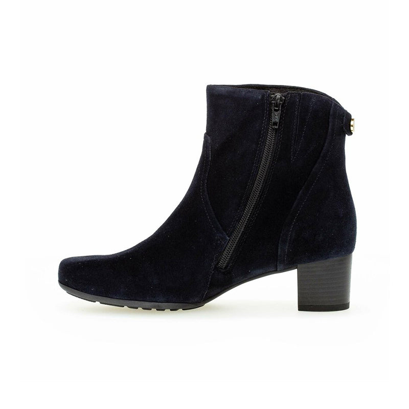 Dark blue suede heeled ankle boot with side zipper and block heel