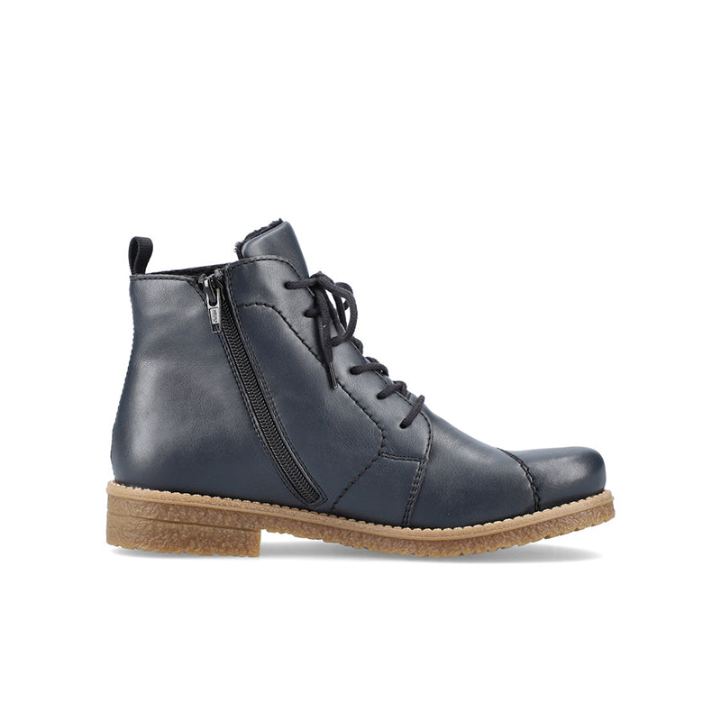 Blue ankle boot with lace-up front, side zipper, and tan rubber sole