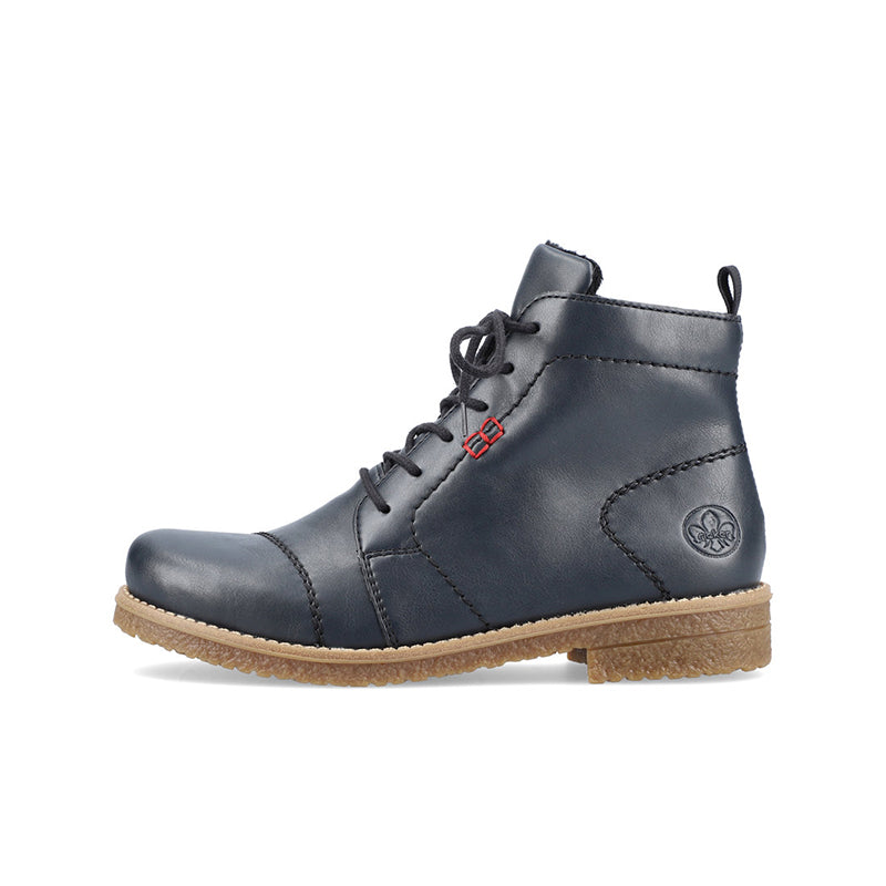 Navy-blue lace-up ankle boot with side zipper and chunky tan sole
