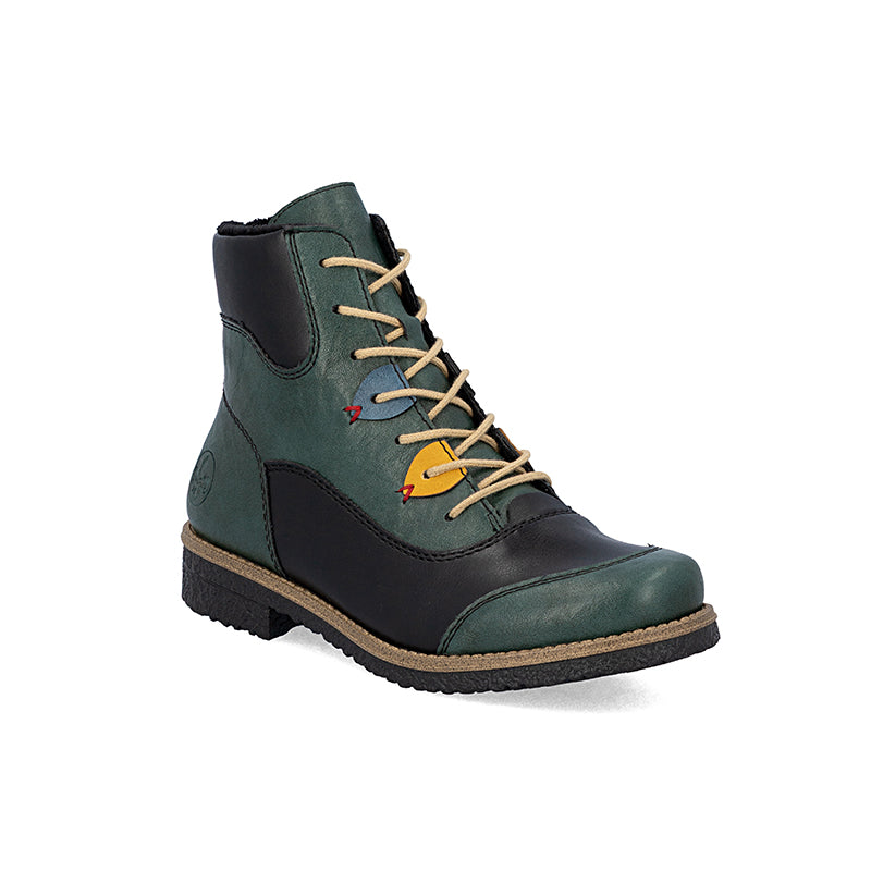 Women’s ankle boots with multi-tone laces, dark panels, and lace-up front