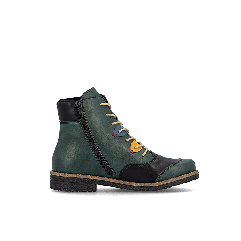 Women’s ankle boots with side zipper, multi-tone laces, dark and green upper