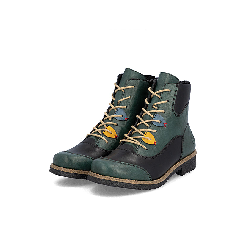 Pair of women’s ankle boots, lace-up style, dark green upper with black side panels