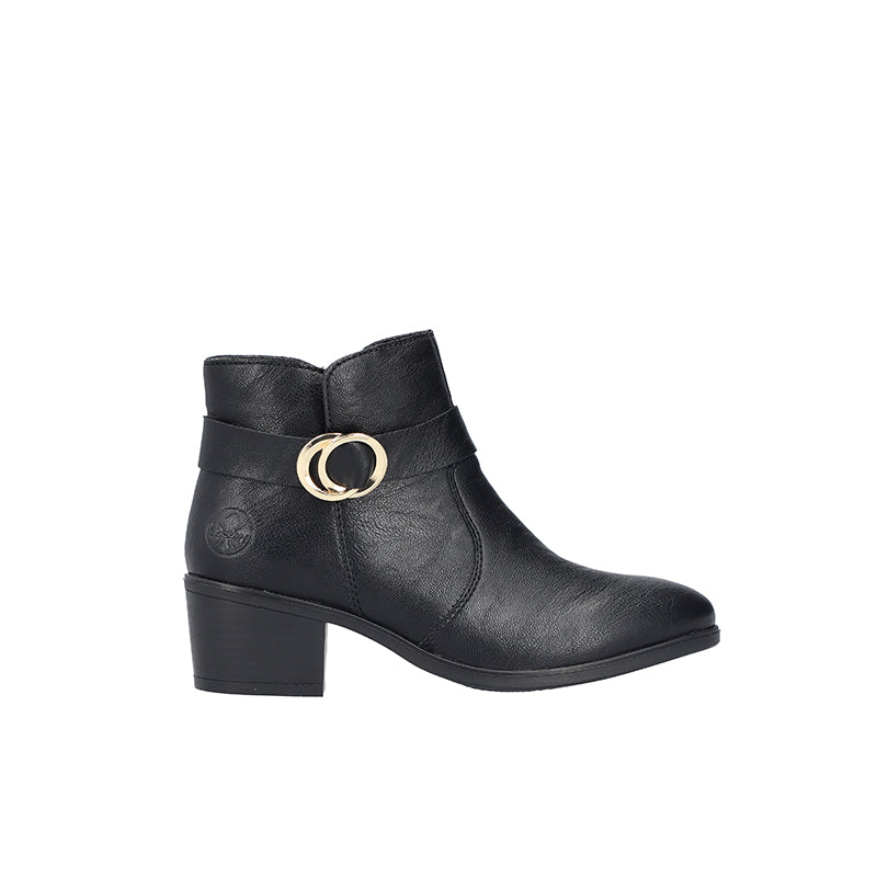 Black leather ankle boots with buckle strap and side zip, block heel