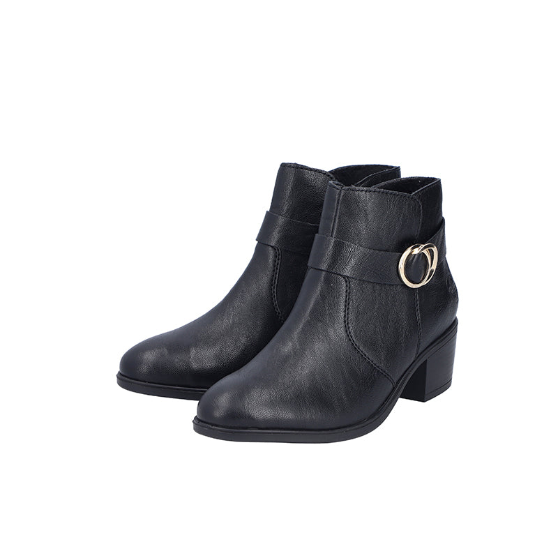 Black leather ankle boots with side zip and round buckle detail, block heel
