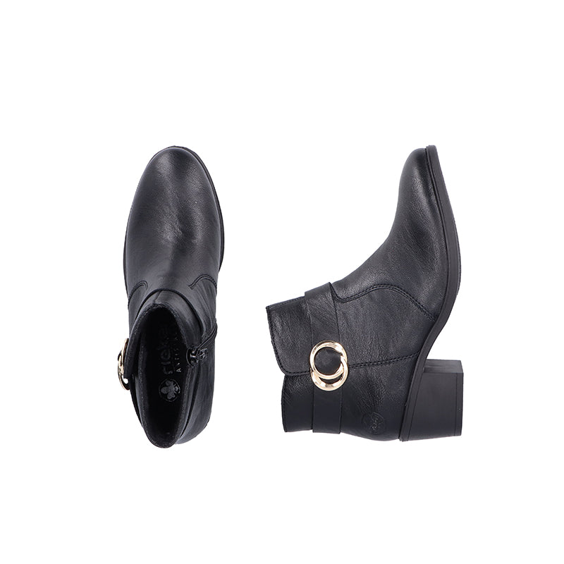 Black leather ankle boots with buckle strap and block heel, side and sole views