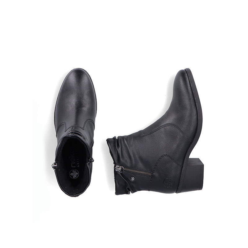 Black leather ankle boots with side zip, stacked block heel