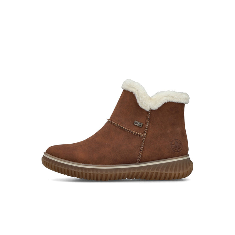Rieker women¡¯s brown suede ankle boots with faux-fur collar and side zipper, flat sole