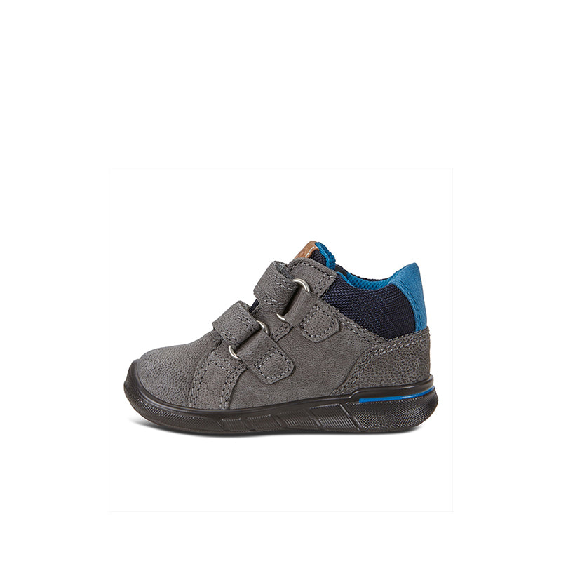 Kids grey outdoor boots with blue accents, two hook-and-loop straps, dark sole