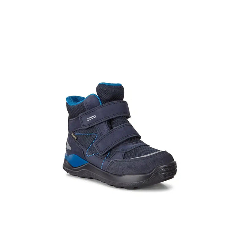 Kids navy blue winter boots with hook-and-loop straps and blue accents