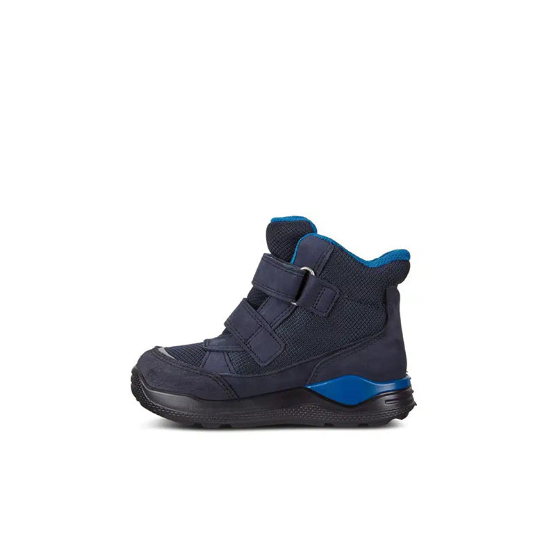 Kids navy blue mid boots with hook-and-loop strap and bright blue sole detail