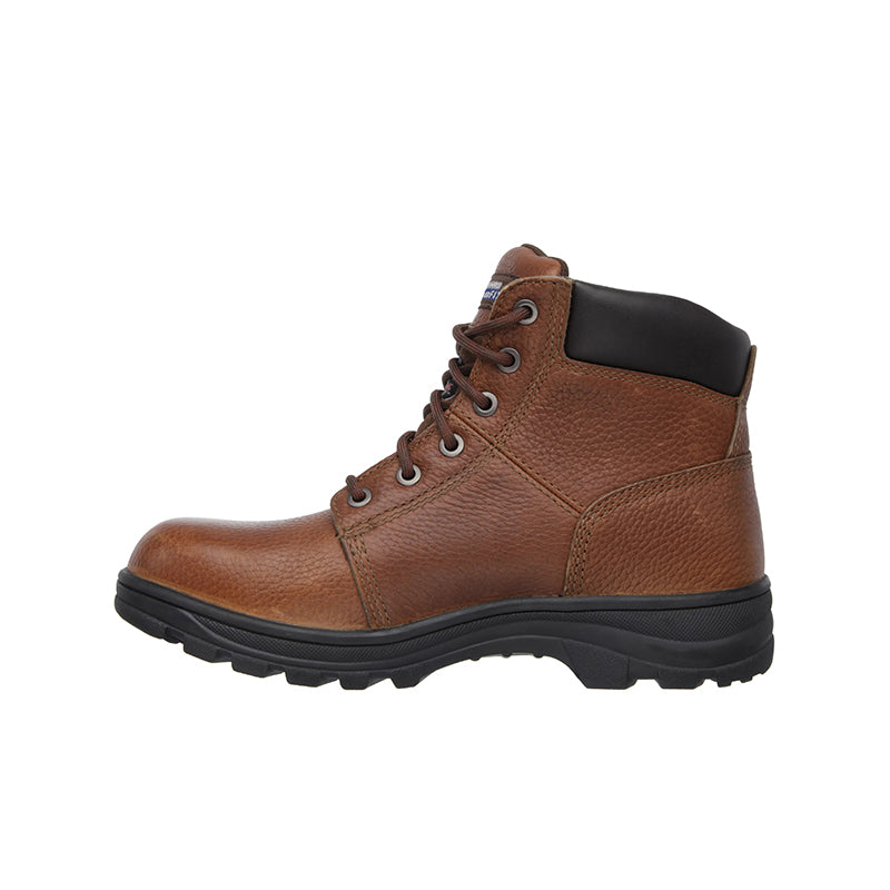 Brown leather lace-up work boot with black side panel and chunky tread sole
