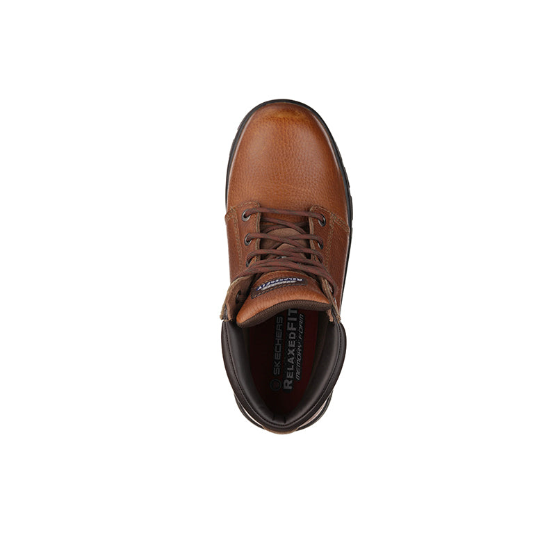 Brown lace-up work boot with padded collar, toe facing up and laces tied