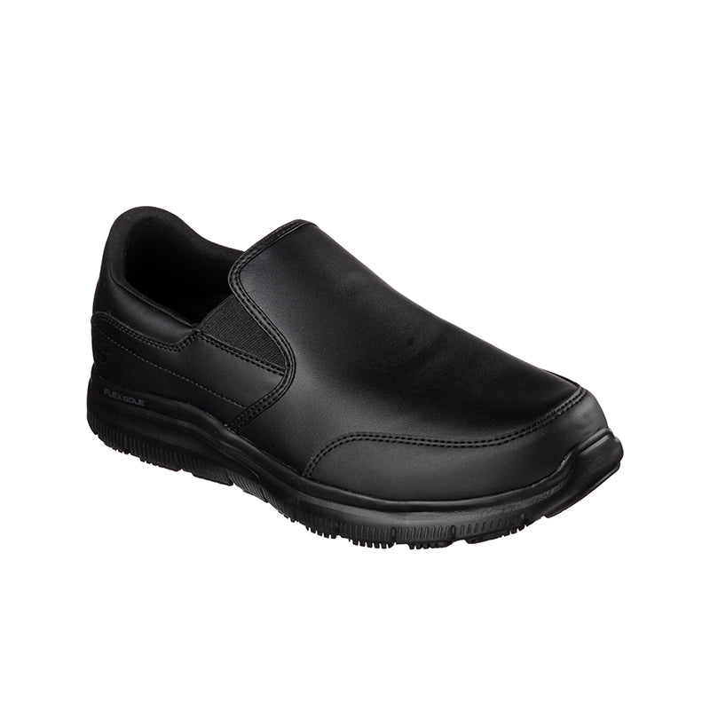 Men's black leather slip-on sneakers with padded collar and stitched side panels