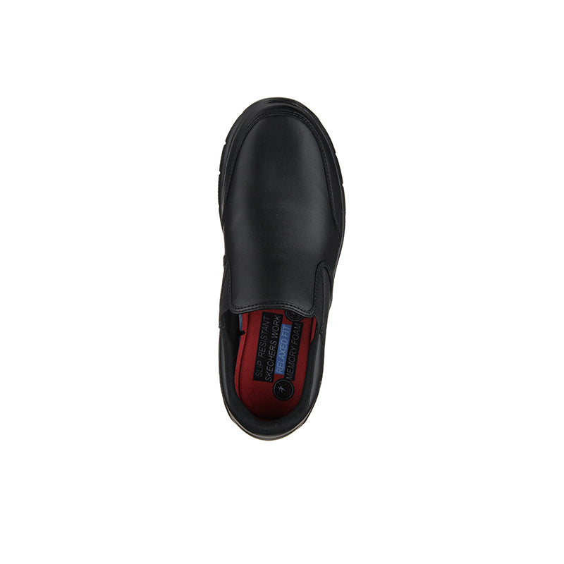 Men's black leather slip-on sneaker showing interior lining and insole