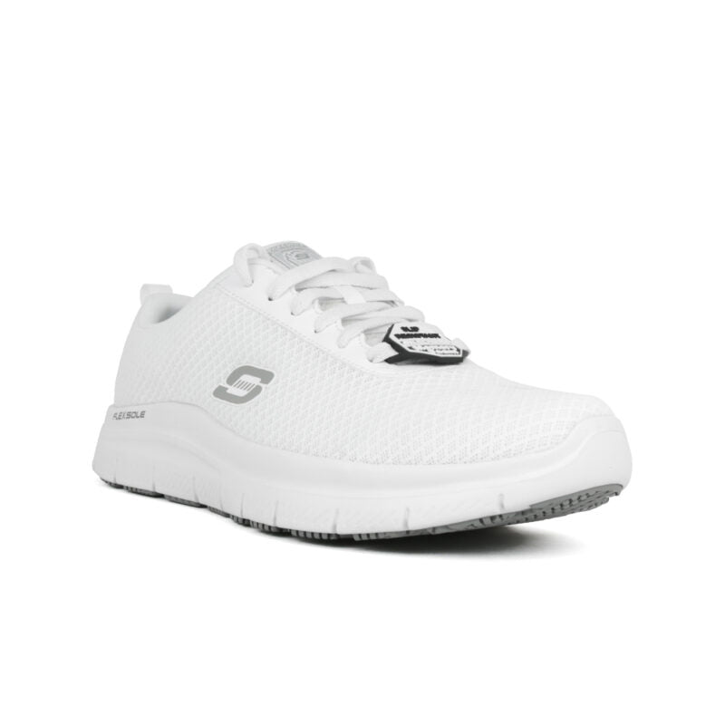 White textile men's running sneakers with lace-up closure and cushioned outsole