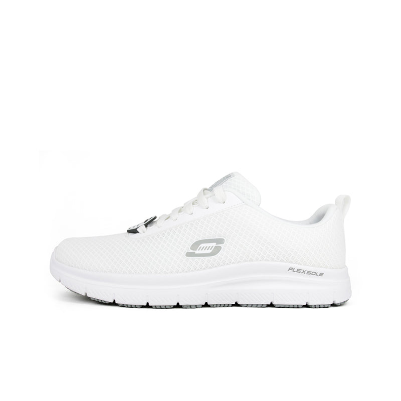 White textile men's sneakers, side view, lace-up design with rubber grip sole