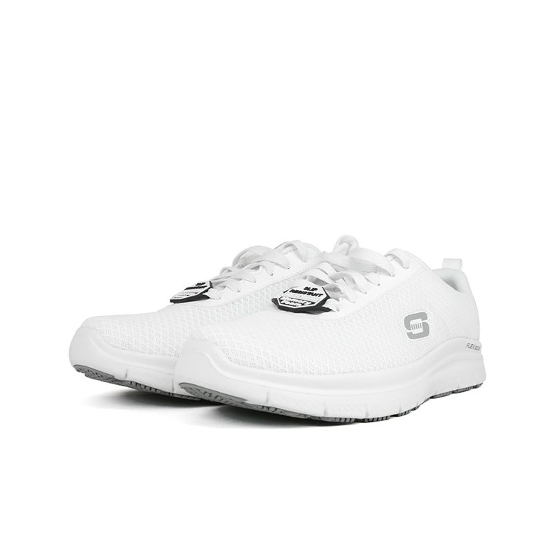 White textile men's sneakers, front view, lace-up with logo detail and tread sole
