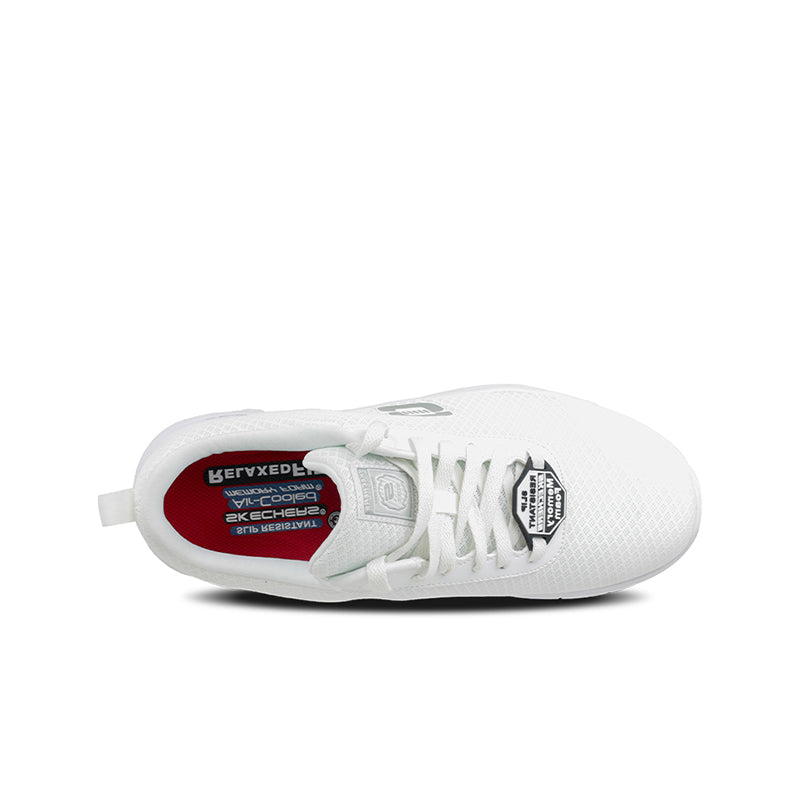 White textile men's sneakers, lace-up toe and tongue label, cushioned midsole