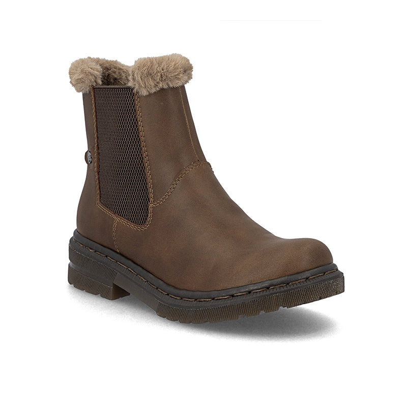 Brown ankle boots with faux-fur cuff, side zip and rubber sole