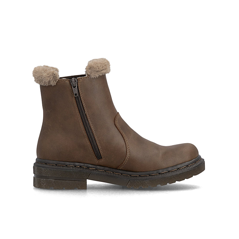 Brown ankle boots with side zipper, faux-fur trim and chunky sole