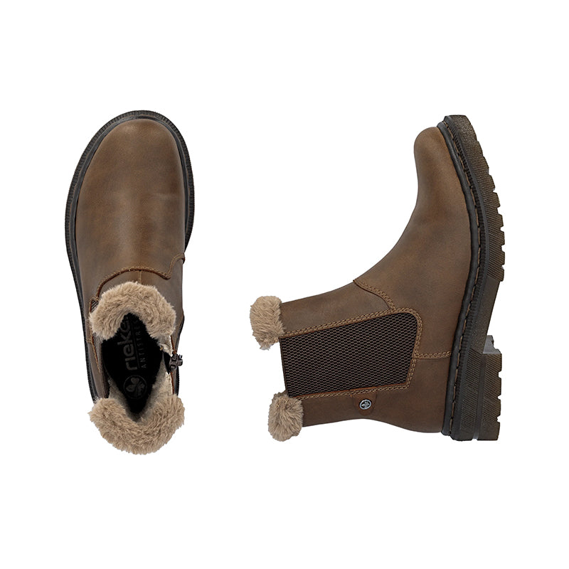 Brown ankle boots showing toe and heel, faux-fur lining and side zip