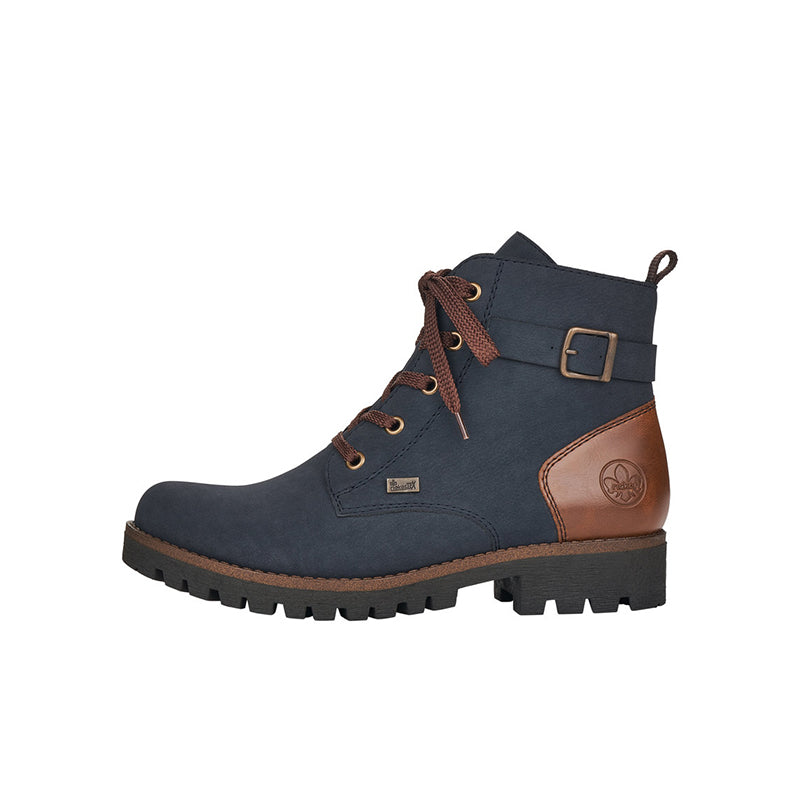 Women’s blue high-top lace-up boot with side zip and buckle strap, chunky tread sole