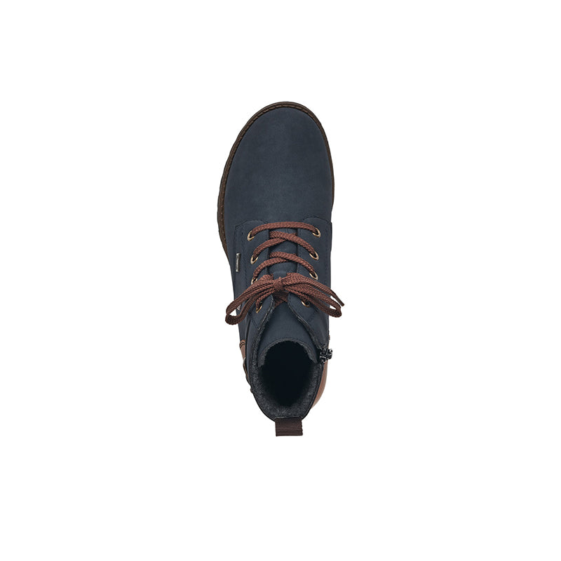 Women’s blue lace-up high-top boot with padded collar, dark rubber sole