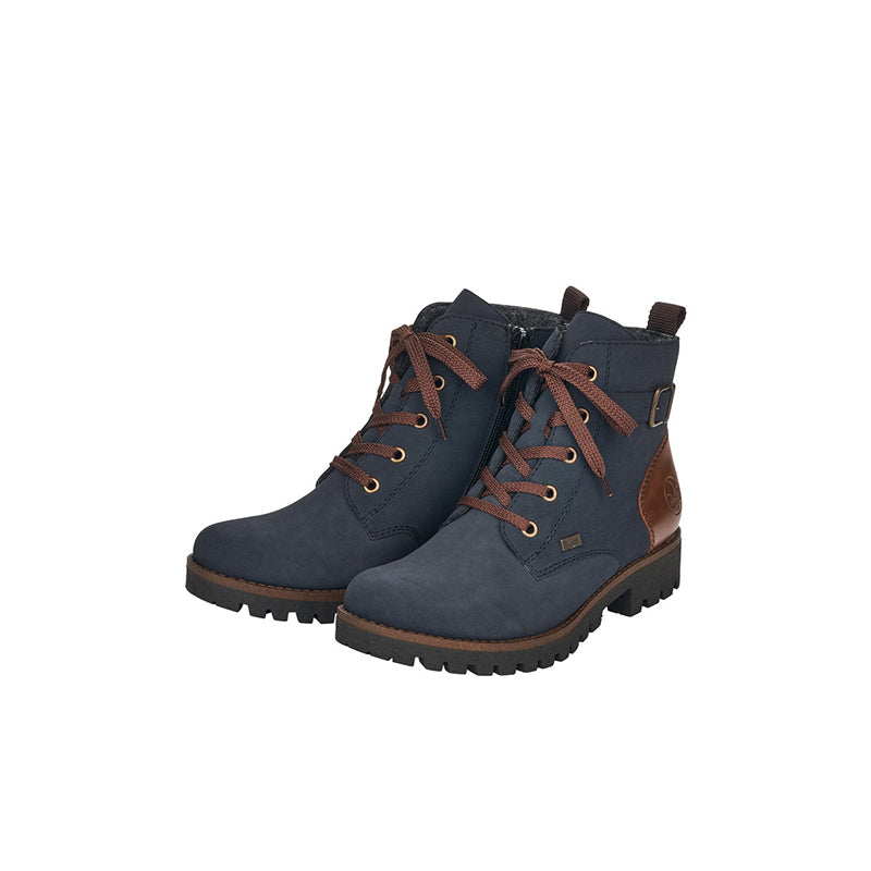 Pair of women’s blue high-top lace boots with brown laces and pull tabs, tread sole