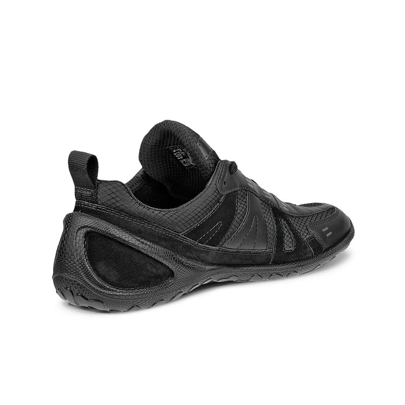 Black lace-up athletic sneaker heel view with padded collar and strap detailing
