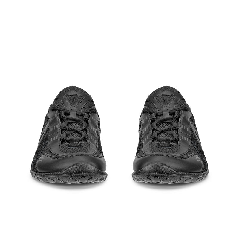 Black pair of athletic sneakers with lace-up fronts and textured uppers