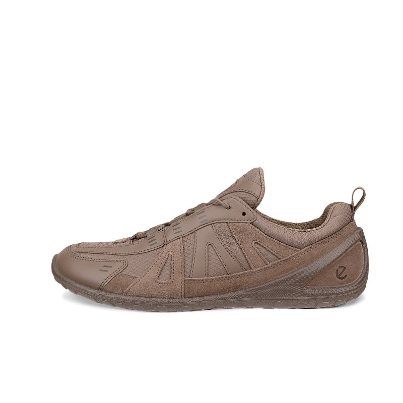Taupe women’s lace-up athletic sneaker with textured panels and padded collar