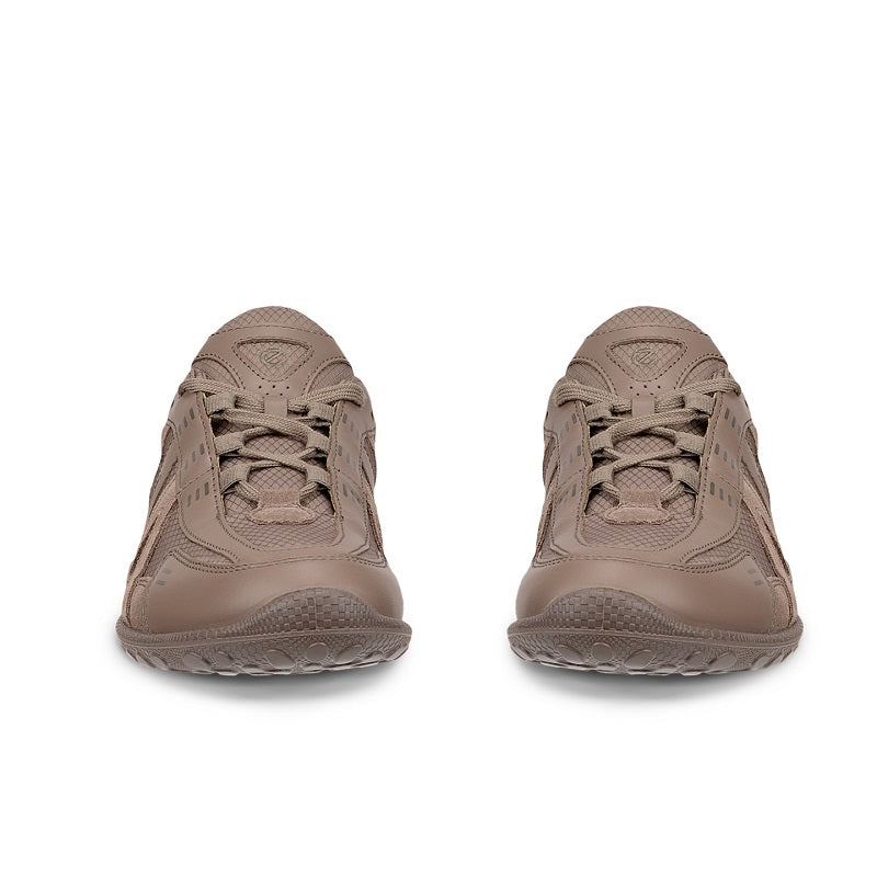Light brown pair of lace-up athletic sneakers with textured uppers