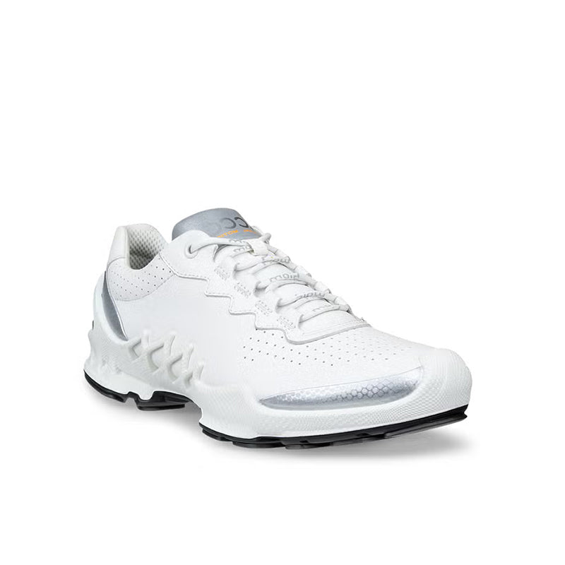 White leather lace-up sneakers with perforated panels and cushioned sole, front view