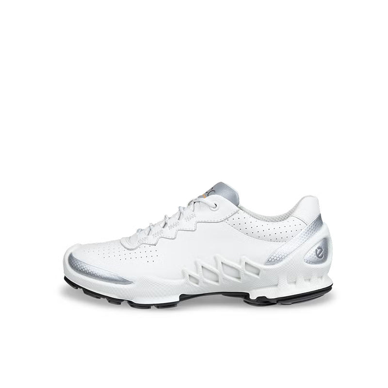 White leather lace-up sneakers with perforations and lace-up closure, side view