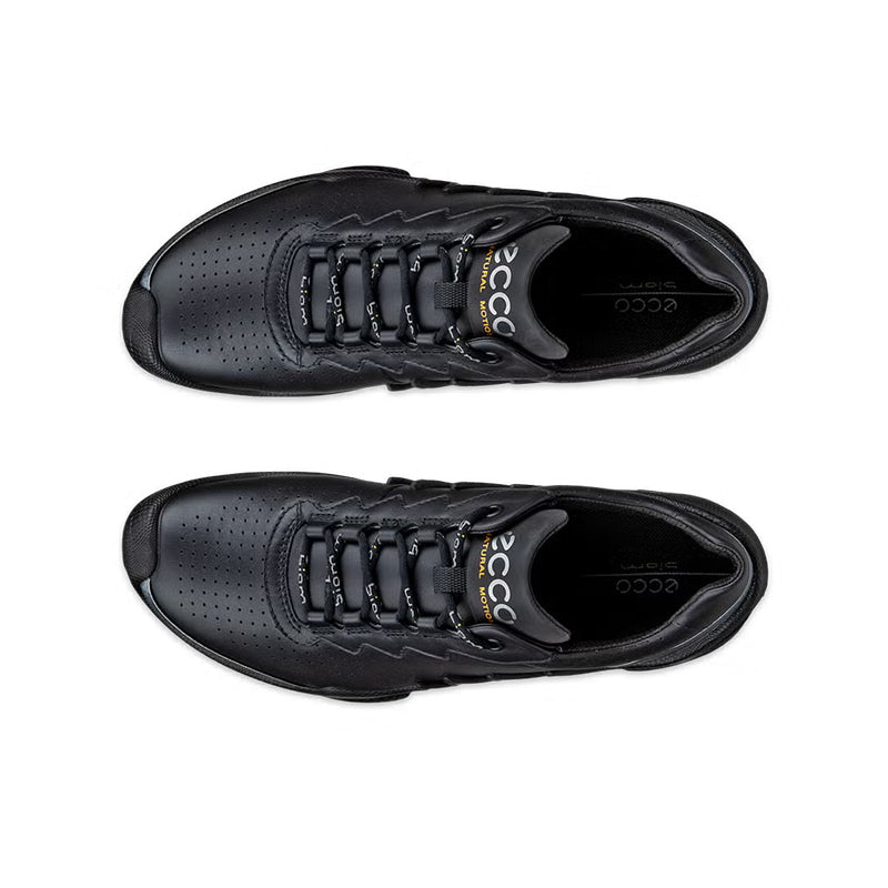 Black leather lace-up sneakers, top views showing laces and ECCO branding on tongue