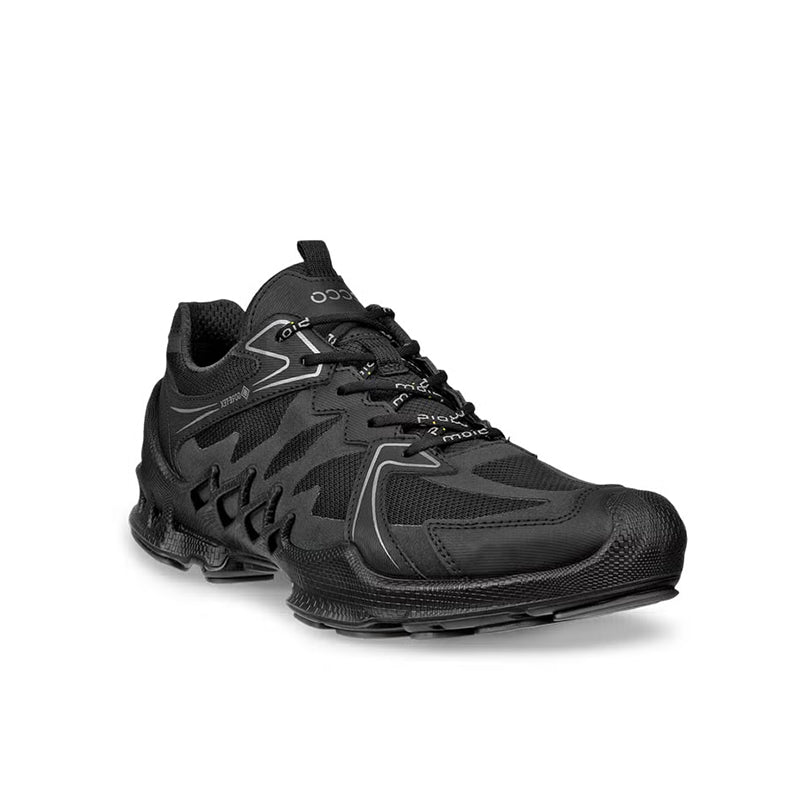 Black waterproof lace-up sneakers with cushioned sole and textured rubber outsole