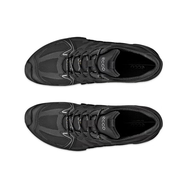 Black lace-up sneakers, side and top views with treaded rubber sole