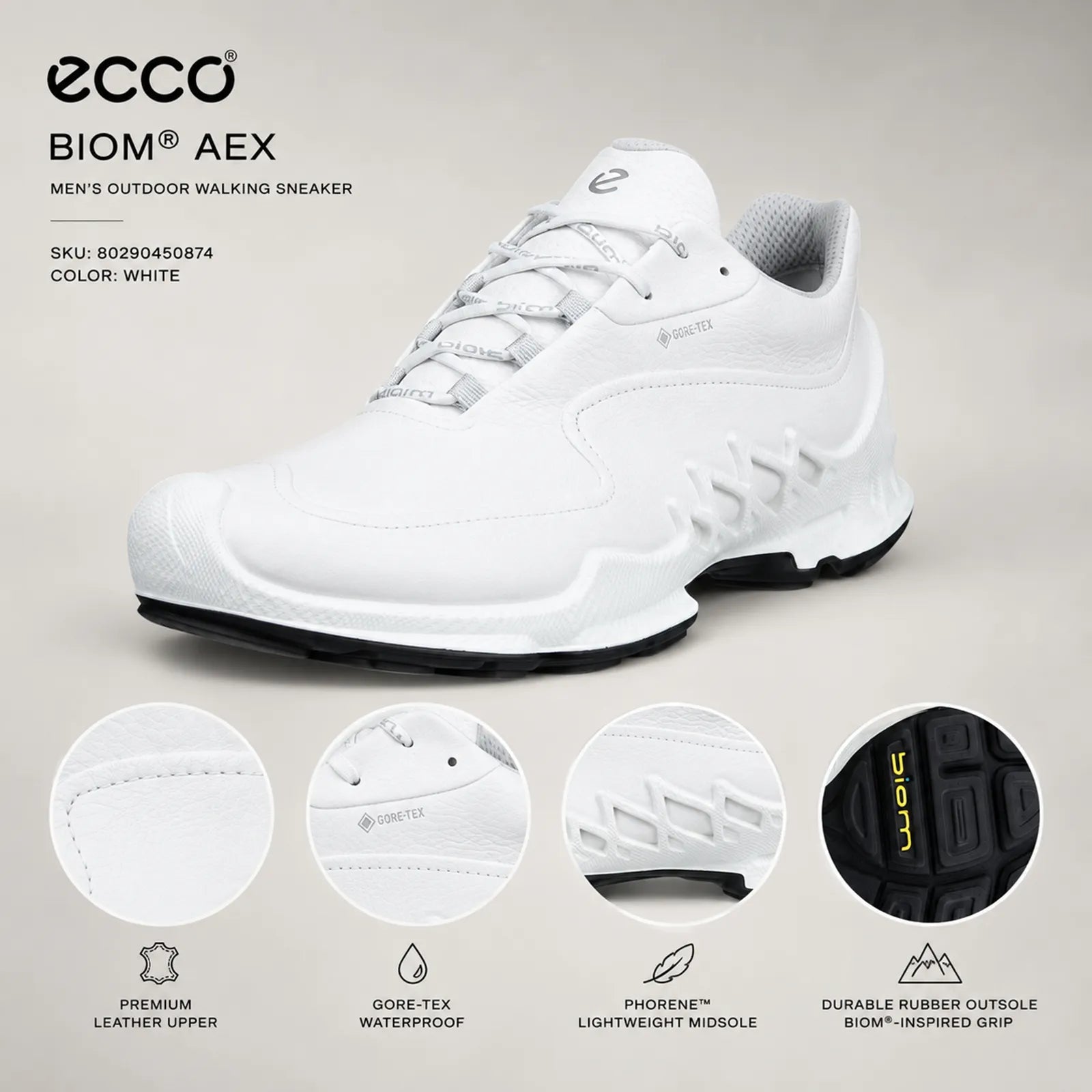 ECCO Biom AEX men's white lace-up sneakers with black outsole detail