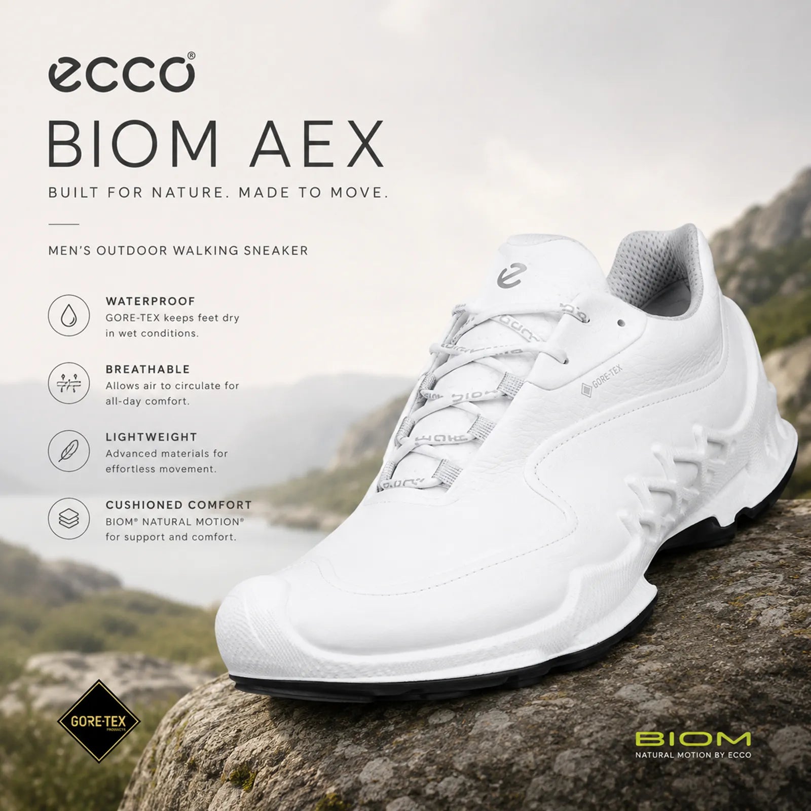ECCO Biom AEX men's white lace-up outdoor sneaker with dark gray side overlay