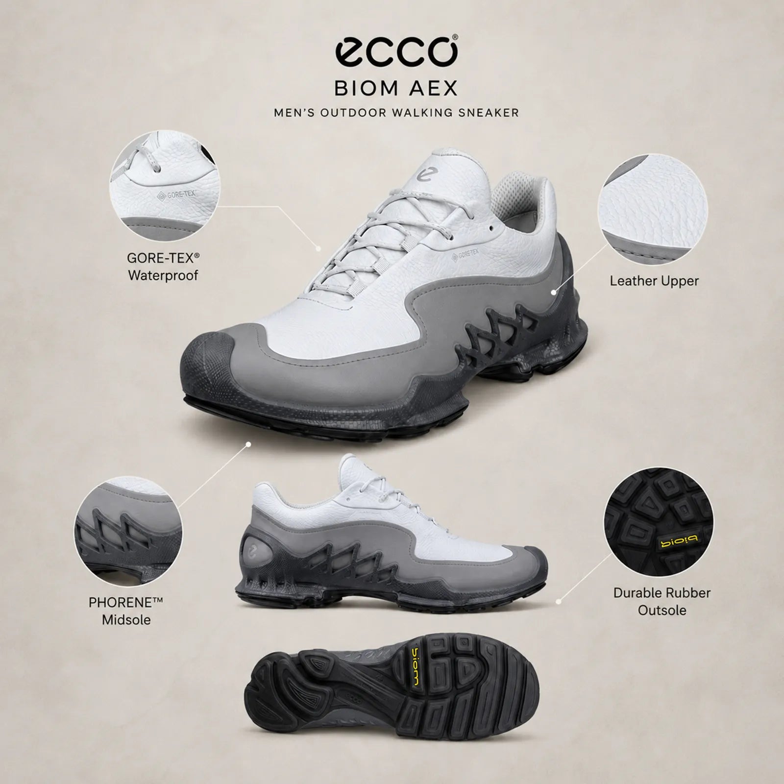 ECCO Biom AEX men's white lace-up sneaker with multiple angle views