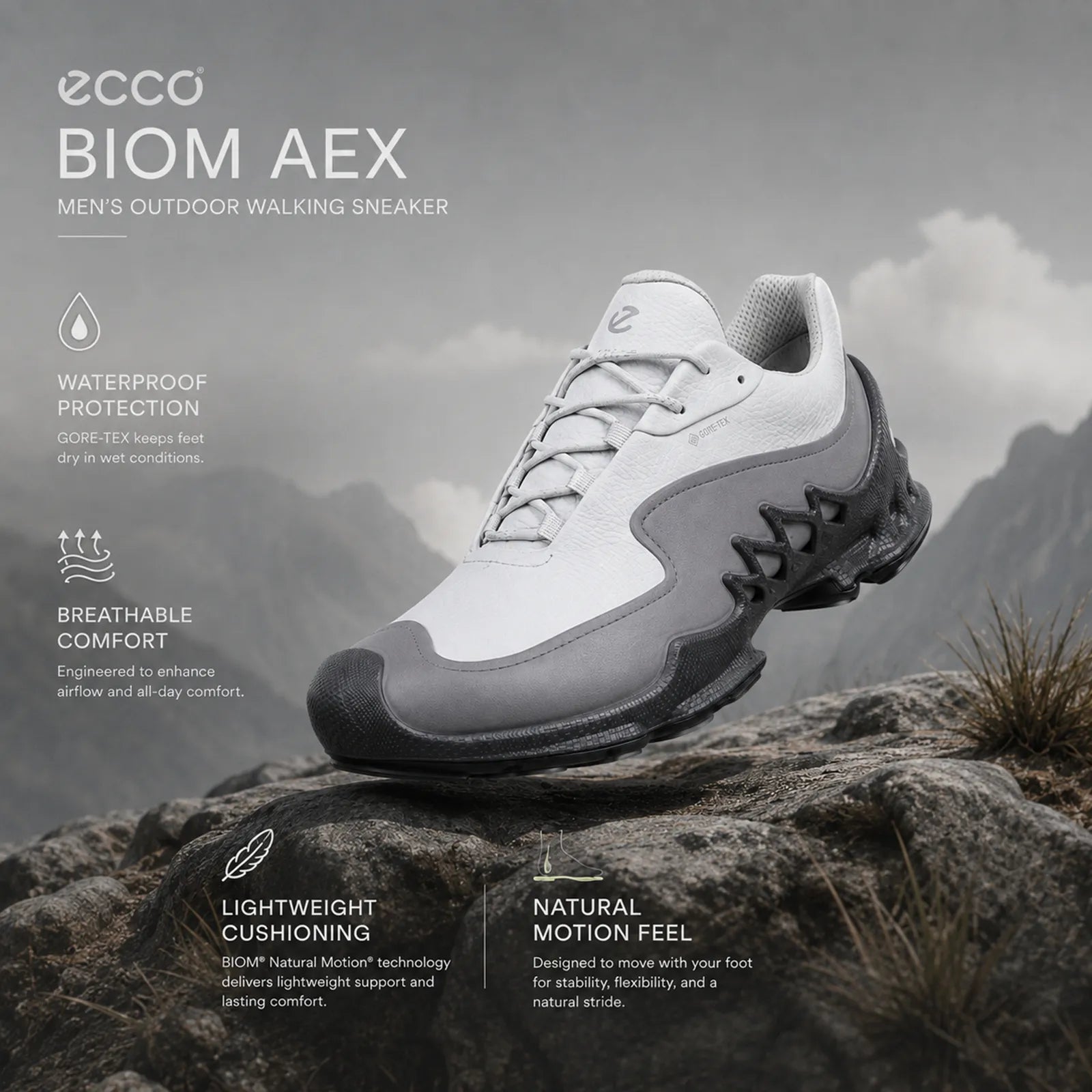 ECCO Biom AEX men's white lace-up outdoor sneaker with dark gray side panels