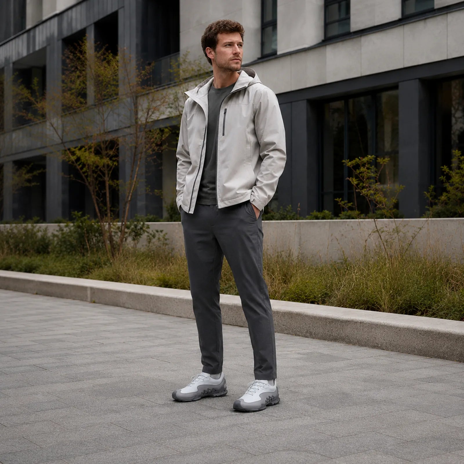 ECCO men's leather sneakers in white with gray accents, lace-up low-profile shoes
