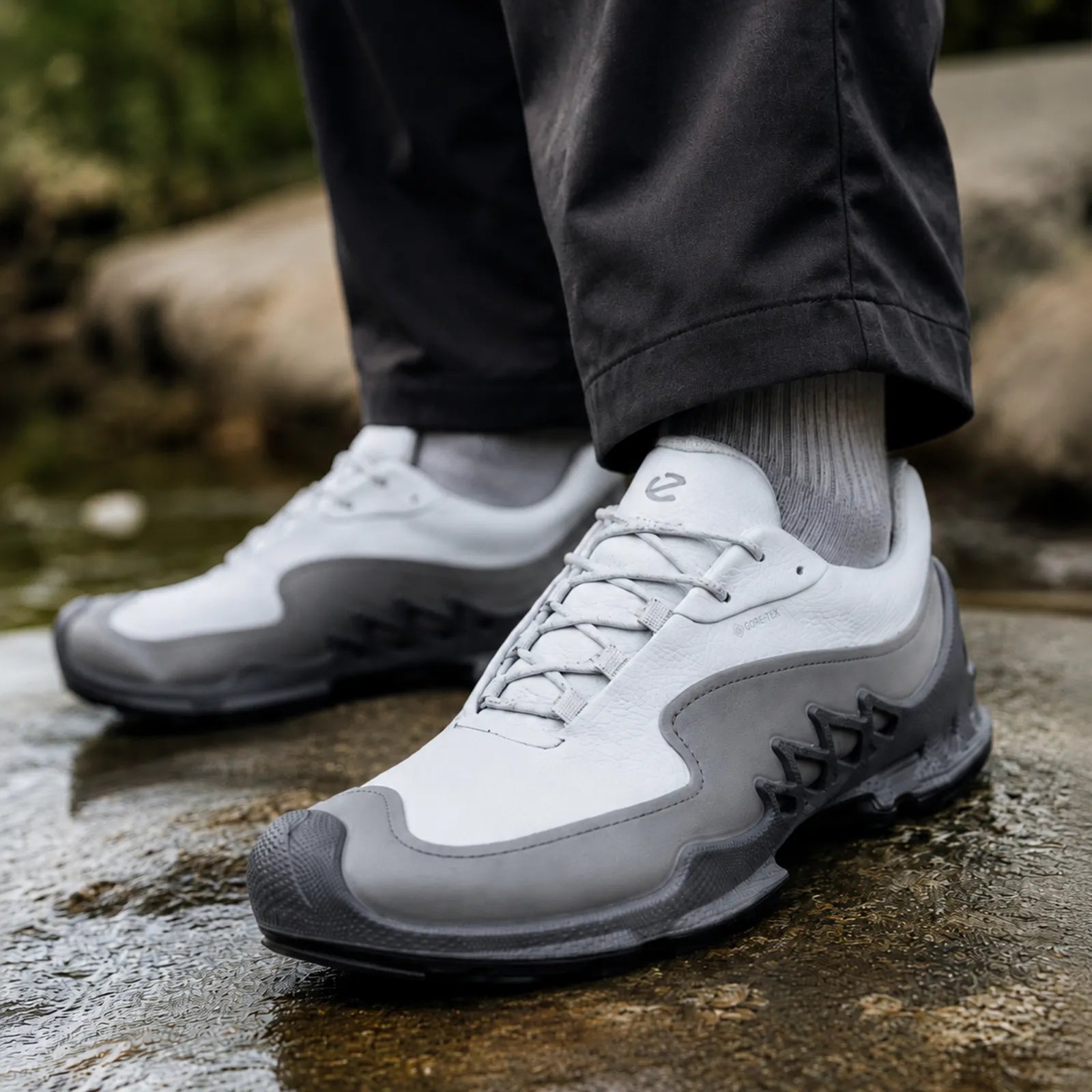 ECCO men's leather sneakers, white and gray, lace-up with rugged rubber outsole
