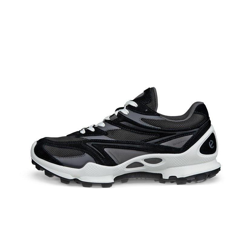 Black women’s trail sneakers side view with lace-up front and white midsole
