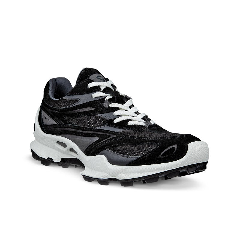Men's black lace-up trail sneakers with white cushioned sole and treaded outsole