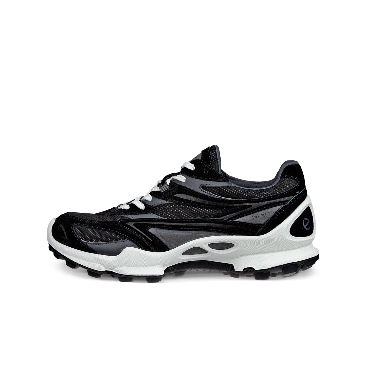Men's black lace-up trail sneakers with white midsole and rugged tread outsole