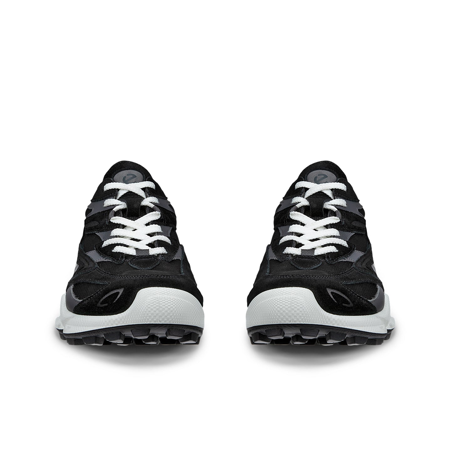 Men's black lace-up trail sneakers, rear view, white midsole and treaded outsole