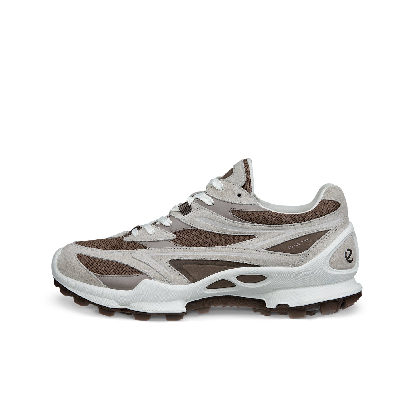 Men's light gray lace-up trail sneakers with brown panels, white sole, treaded grip