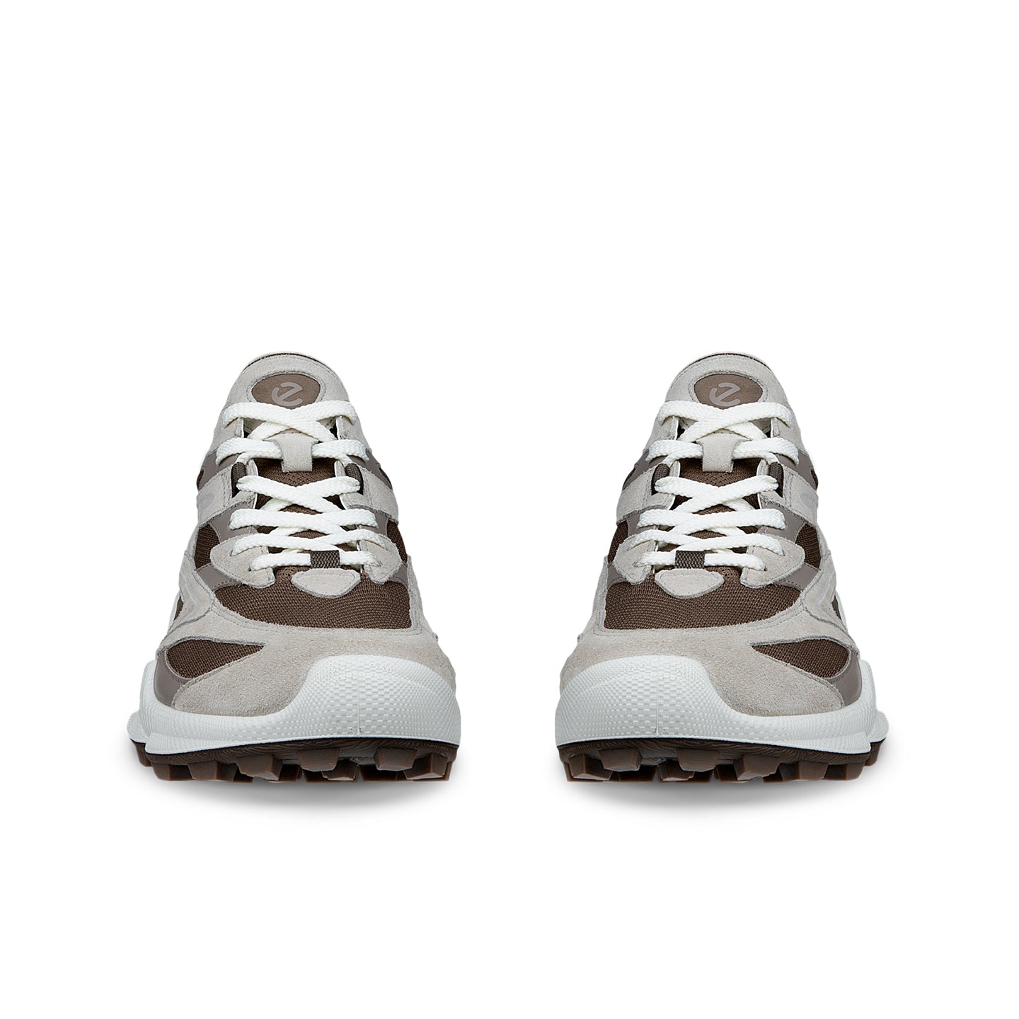 Men's light gray lace-up trail sneakers, rear view, white sole and rugged tread