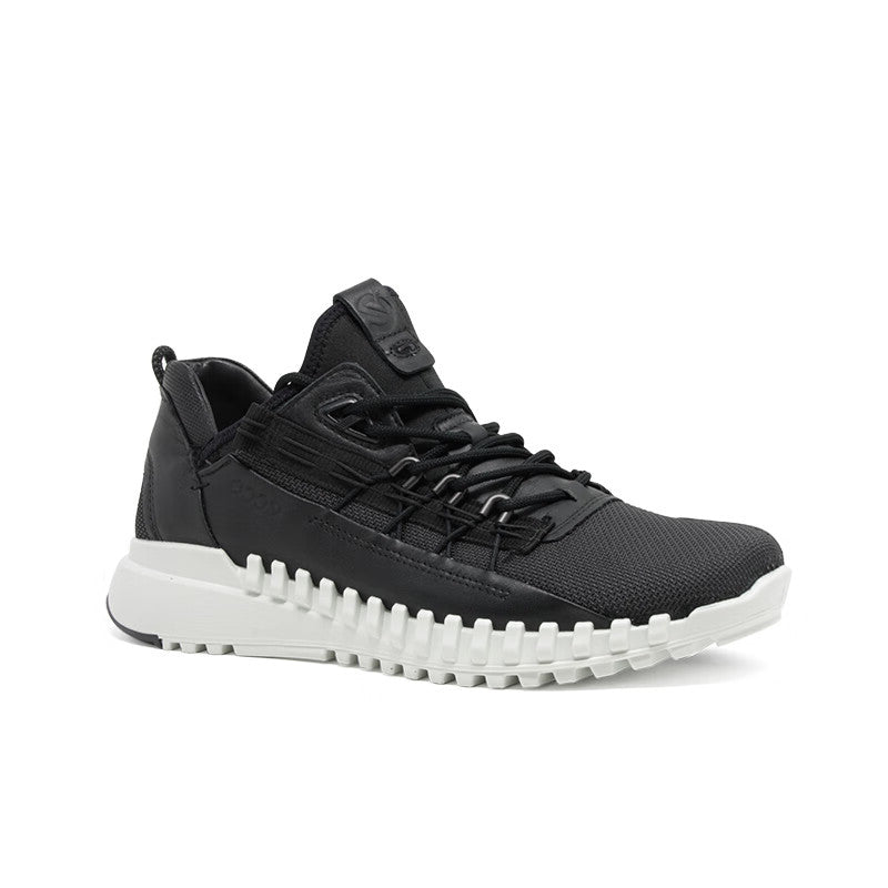 Men's black zip-top sneakers with lace-up front, textured upper, and white tread sole